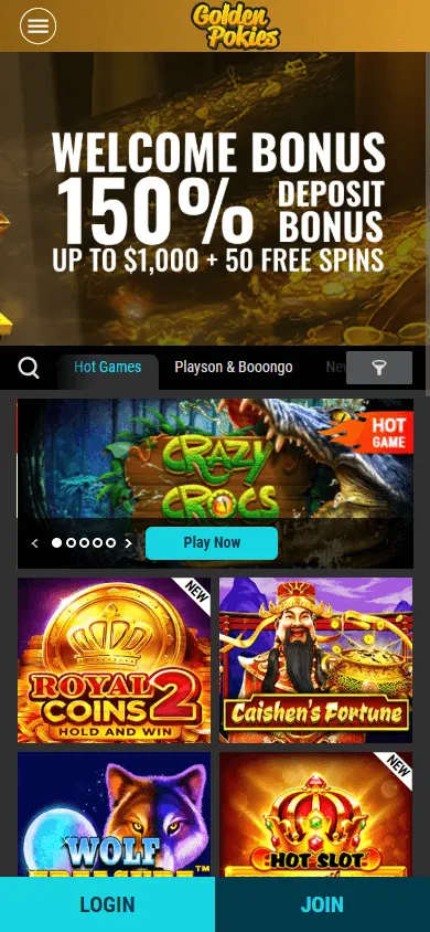 Golden Pokies Casino home interface on mobile