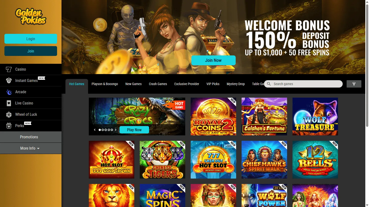 Golden Pokies Casino home interface on desktop