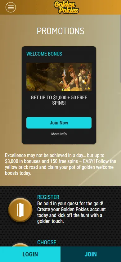 Golden Pokies Casino promotions interface on mobile