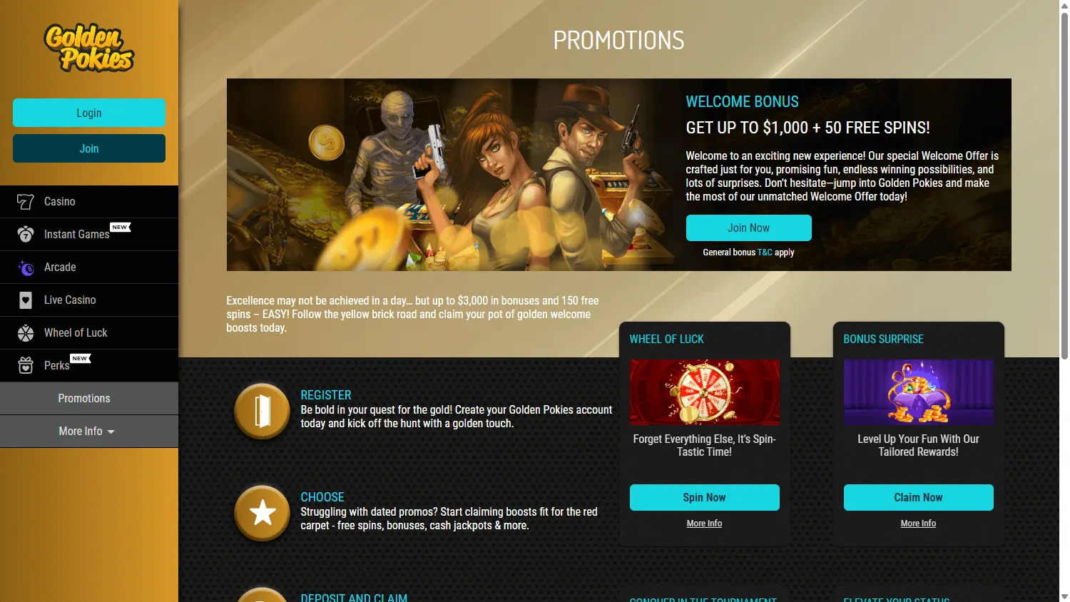 Golden Pokies Casino promotions interface on desktop